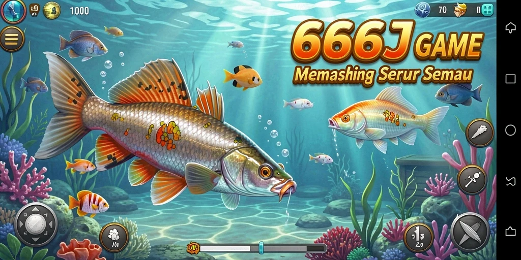 Tampilan gameplay menarik dari 666J dengan berbagai ikan dan alat pancing.