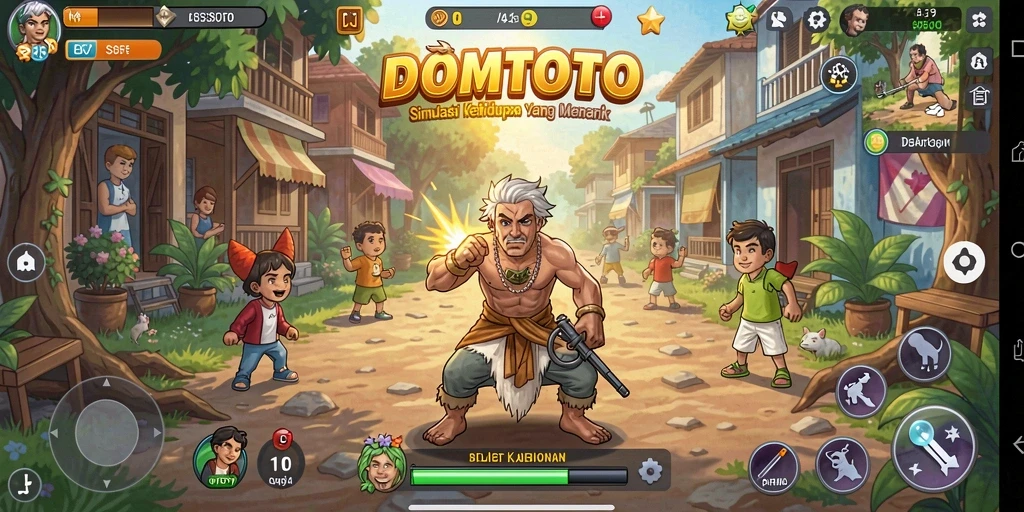 Screenshot utama gameplay DOMTOTO menampilkan aksi seru dalam simulasi kehidupan.