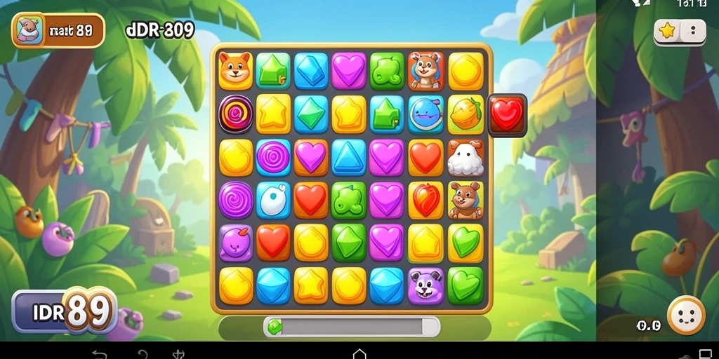 Tangkapan layar IDR89 menunjukkan gameplay Match-3 yang menarik dan penuh warna.