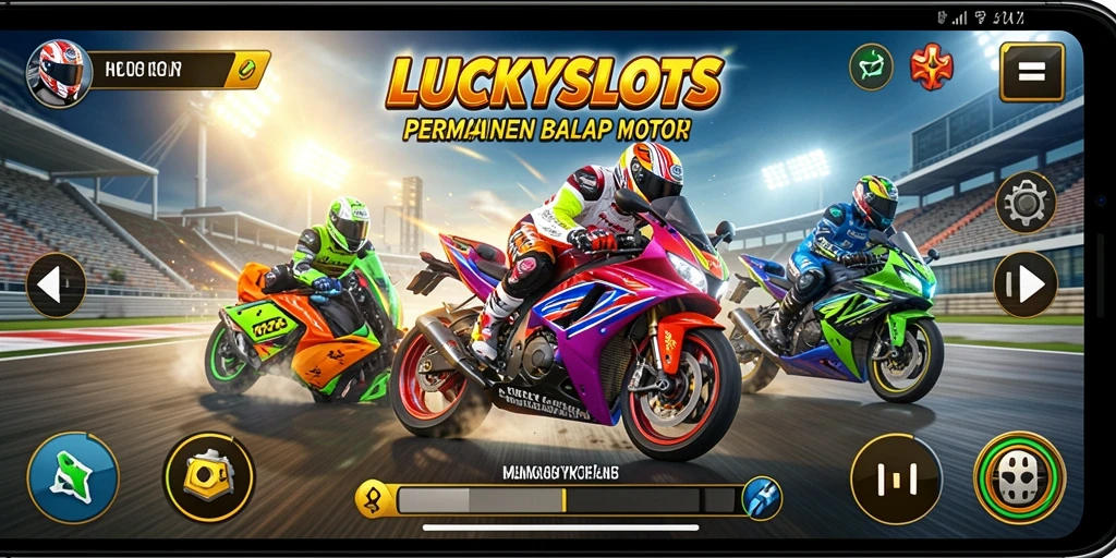 Screenshot LUCKYSLOTS menampilkan aksi balap motor yang seru dan menegangkan.
