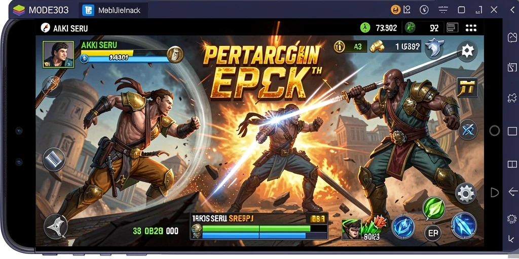 Screenshot gameplay MODE303 menampilkan aksi pertempuran yang intens dan grafis menawan.