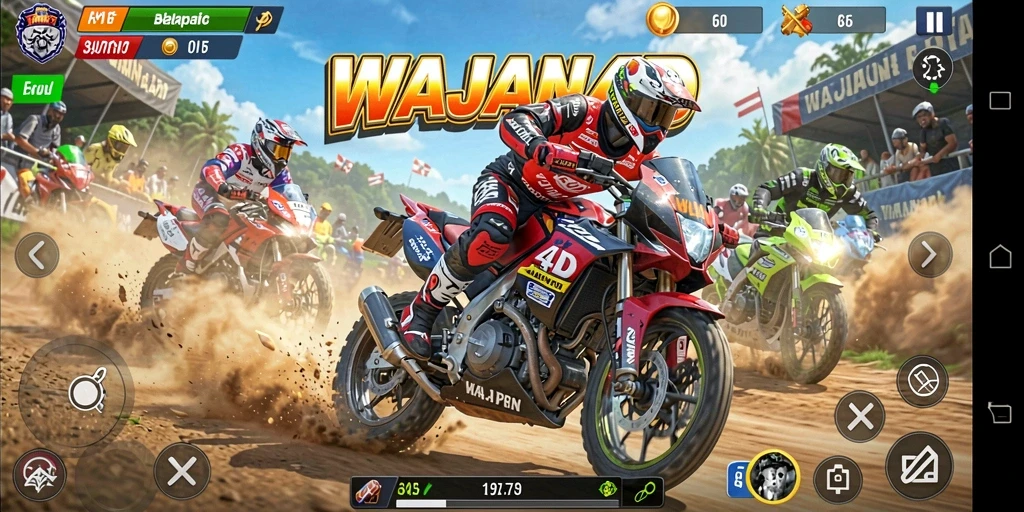 Screenshot gameplay WAJAN4D menampilkan aksi balapan motor yang seru.