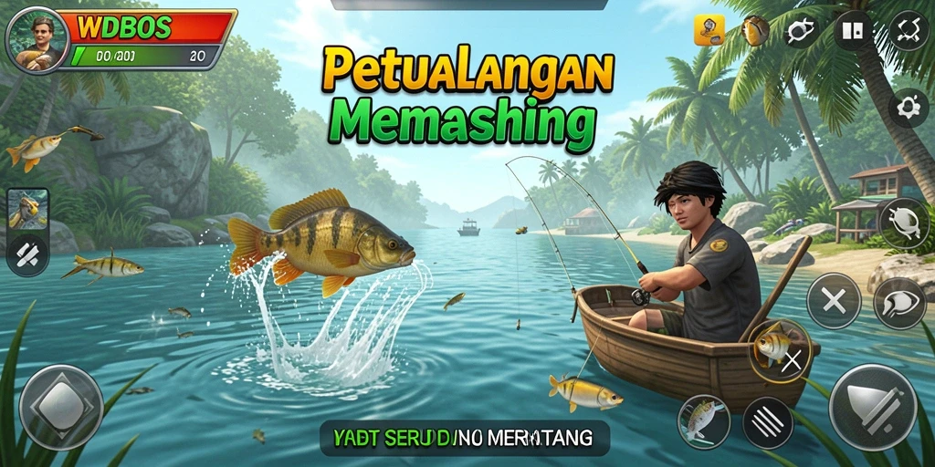 Tampilan gameplay WDBOS yang menakjubkan saat memancing ikan.
